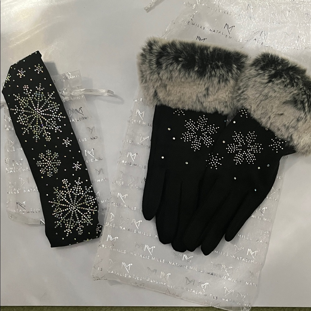 New Natalie Mills Black Gloves Fur Trim and Snowflake Design - bonus headband.